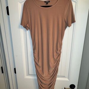 Express Rose/Tan Ruched Bodycon Midi Dress